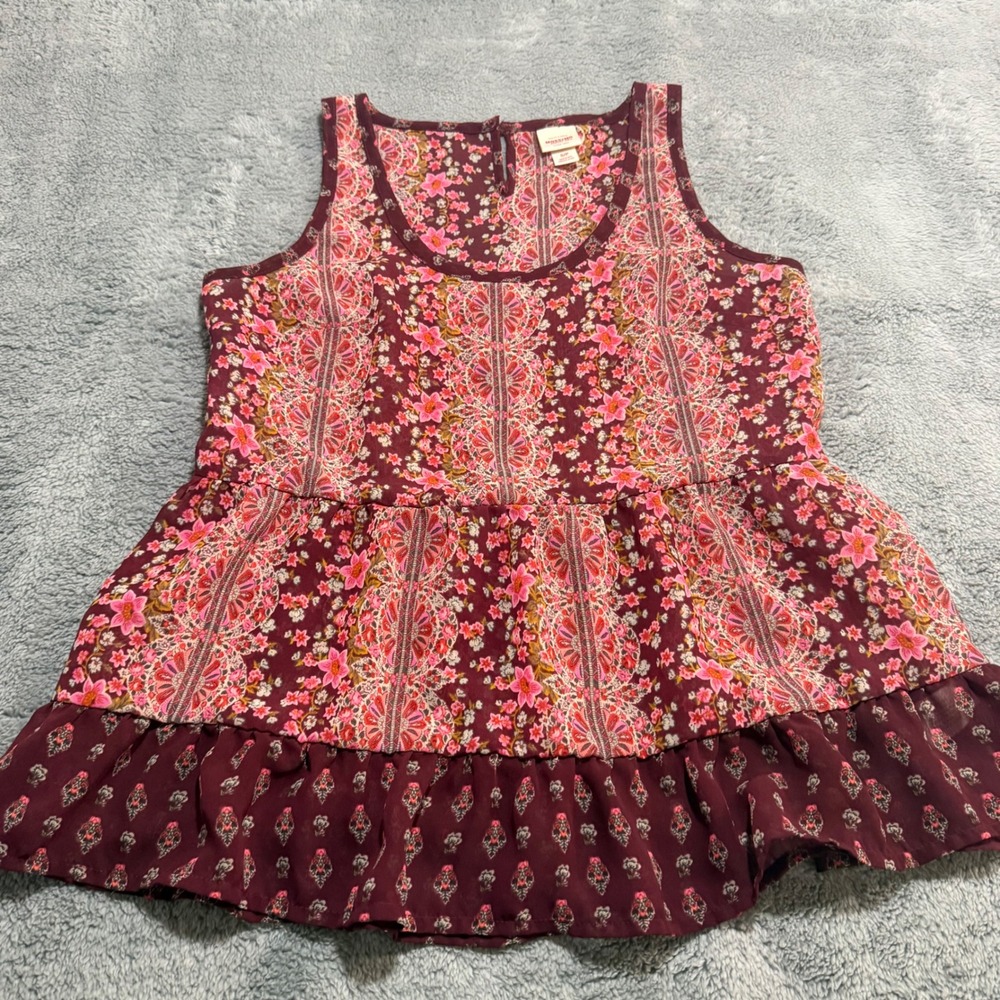 Sleeveless Floral Peplum Tank Burgundy Size S